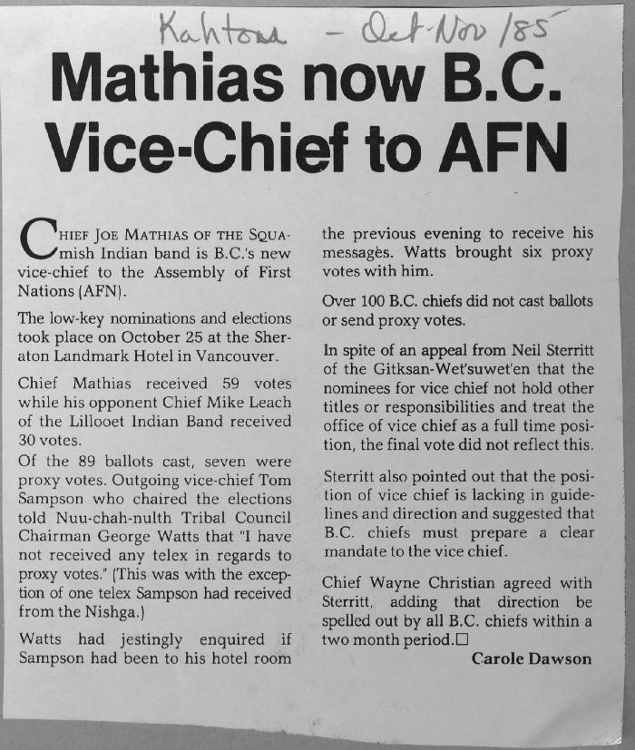 Mathias now B.C. Vice-Chief to AFN